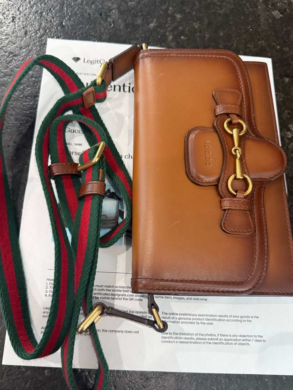 Authentic Gucci Tan Leather Horsebit Crossbody with Green & Red Web Strap